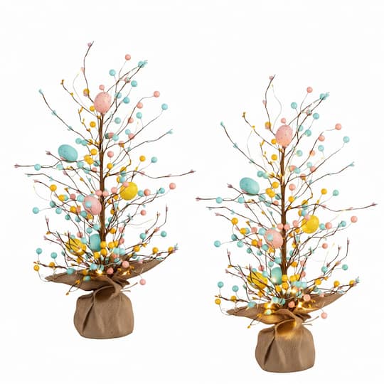 24" Pre-Lit Artificial Easter Egg Twig Tree with 30 LED Lights in Burlap Wrapped Base - Set of 2